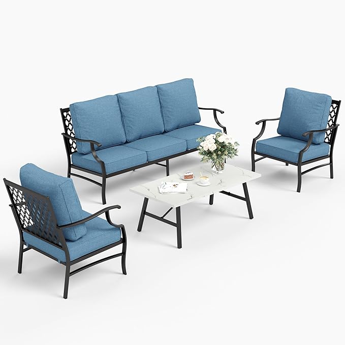 4 Piece Metal Outdoor Patio Furniture Sets, Patio Conversation Sets 1 3-seater Sofa, 2 Fixed Chair with 5.75" Extra Thick Cushion and Coffee Table, Black Frame Backyard Furniture, Navy
