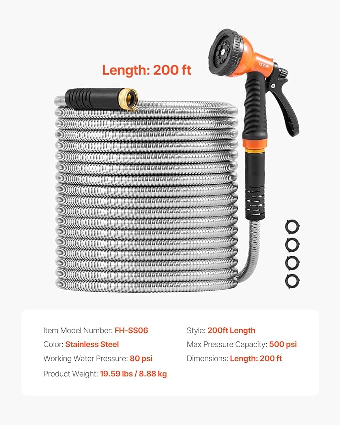 VEVOR Metal Garden Hose 200 ft, Heavy Duty Stainless Steel Water Hose with 10-Function Nozzle, No-Kink & Flexible Outdoor Garden Hose, Rust-Proof Lightweight Hose for Yard, RV, Car Wash