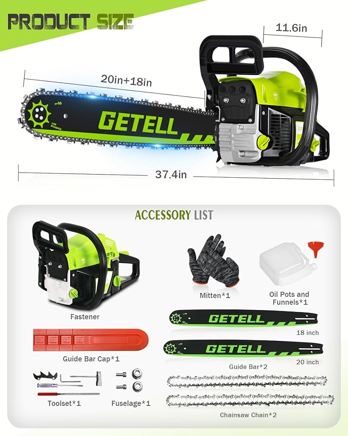 Getell 58cc Gas Chainsaw 20 Inch & 18 Inch Bar – 3.6 HP Gas Powered Chainsaw with Easy-Start, Pro Anti-Vibration for Farm, Ranch, and Ranch & Heavy-Duty Work (G338 PRO)