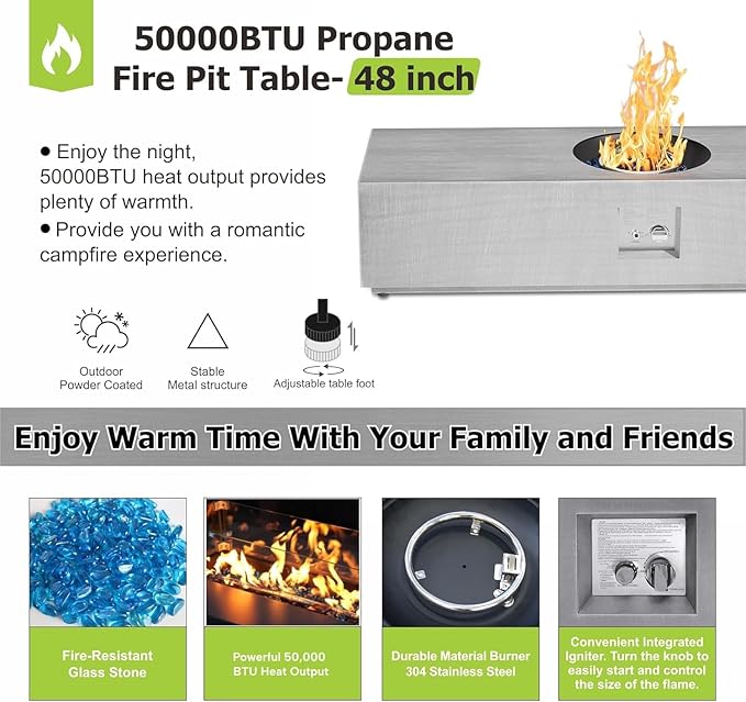 Outdoor Fire Pit Table Propane Gas Fire pits &Outdoor Fireplaces 48″ Rectangular Firepit Table, 50,000 BTU Fire Table for Patio Set (Light Gray - 48" Rectangular Table)