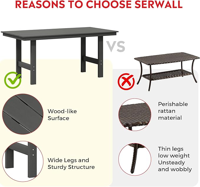 Costaelm Outdoor Patio Table, Outdoor Dining Table for 6, Weather Resistant Rectangle Patio Table with Umbrella Hole for Outside, Garden, Poolside, Porch, Gray