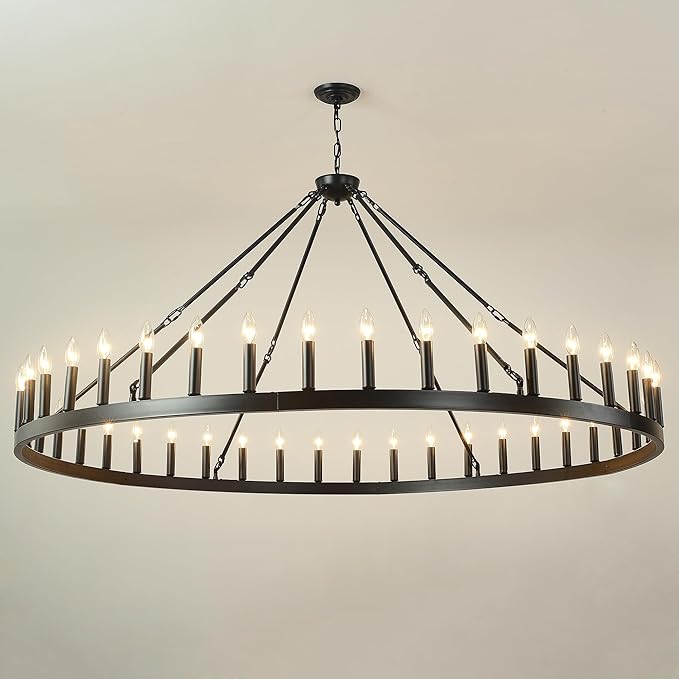 64 Inch Black Extra Large Wagon Wheel Chandelier, 42-Lights Farmhouse Industrial Round High Ceiling Pendant Light Adjustable Chain, for Dining Room, Living Room