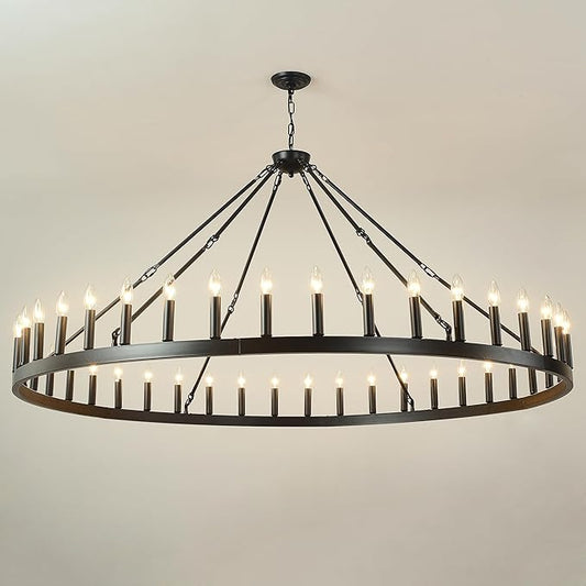 64 Inch Black Extra Large Wagon Wheel Chandelier, 42-Lights Farmhouse Industrial Round High Ceiling Pendant Light Adjustable Chain, for Dining Room, Living Room