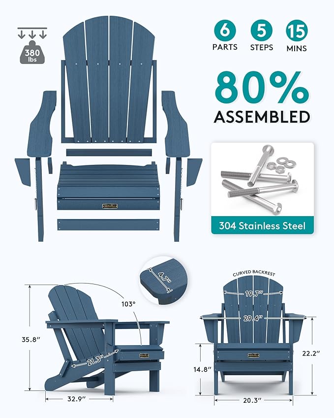 SERWALL Foldable Adirondack Chair Set of 2 for Patio Garden Outdoors Fire Pit-Blue