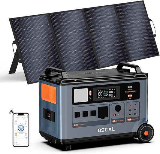 OSCAL PowerMax 6000 Solar Generator with 400W Solar Panel, 120V/240V Portable Power Station 6000W AC Outlets (9000W Peak), 2200W AC Charging/2400W Solar Charging, Emergency for Home, Battery Backup