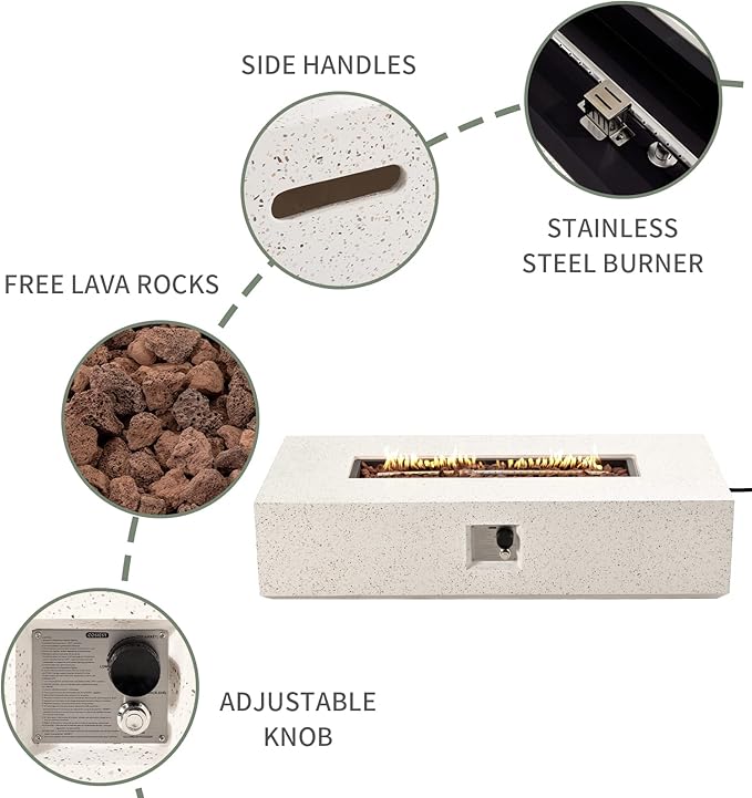 COSIEST 2-Piece Outdoor Propane Fire Table Set, Rectangle Concrete 56" Rectangular Fire Pit, Certified, 50,000 BTU, w 20lb Tank Table,Waterproof Cover for Garden, Porch, Backyard