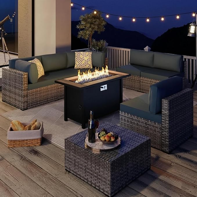 JAMFLY Propane Fire Pit Table 45 Inch, 50,000 BTU Outdoor Gas Firepit Table for Outside Patio, Blue Glass Rocks,Waterproof Cover, Gray