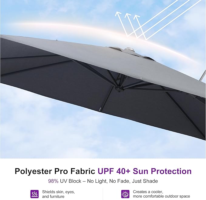 PURPLE LEAF 11' X 8' Swivel Outdoor Patio Aluminum Umbrella with Base Left-right Tilting Cantilever Offset Umbrella with UV Resistant Heavy Duty Fabric for Deck Pool Patio Backyard, Graphite Grey