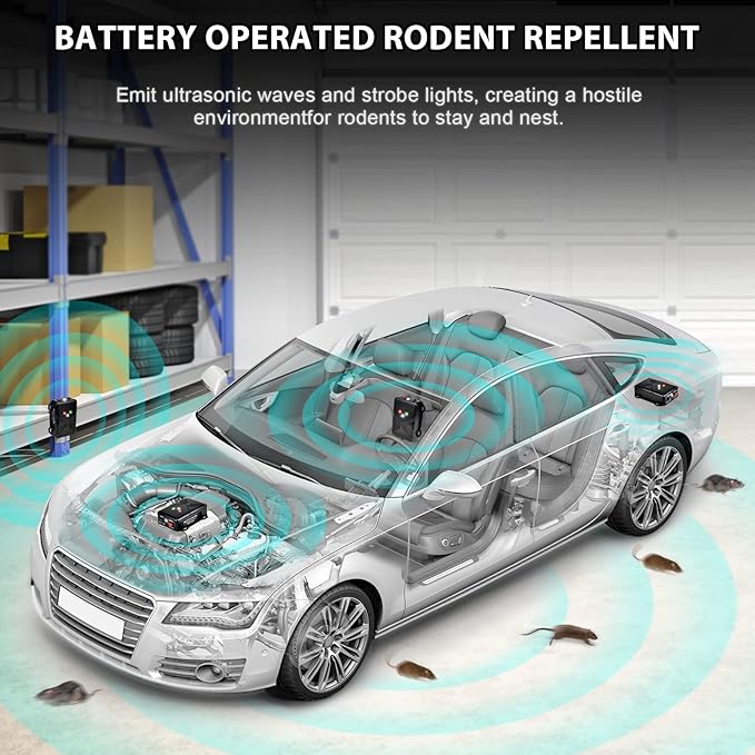 Ultrasonic Rodent Repellent for Car Engine – Battery Powered Under Hood Mouse Repeller with Flashing Strobe Light, Keeps Rats and Mice Away from Vehicle, Automobile, Truck, Garage, Attic, Barn, Shed
