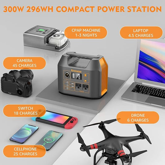 Portable Power Station EnginStar 300W Solar Generator 110V 296Wh Power Bank Two Pure Sine Wave AC Outlet 80000mAh Lithium Battery Pack for Camping Outdoors Trip RV Hunting Vans Emergency Backup