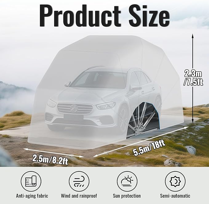 Stainless Steel Carport,Heavy Duty Carport, Semi-Automatic Durable Shelter, Foldable Retractable Car Awning, Mobile Folding Garage for Outdoor,Grey,L5.5m * W 2.5m * H 2.3m