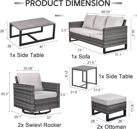 7 Piece Wicker Patio Furniture Set - Outdoor Swivel Rocker Chairs Set with Coffee Table, Side Table, 3 Seat Sofa & Ottomans, Small Patio Conversation Sets for Balcony Deck - Grey/Beige