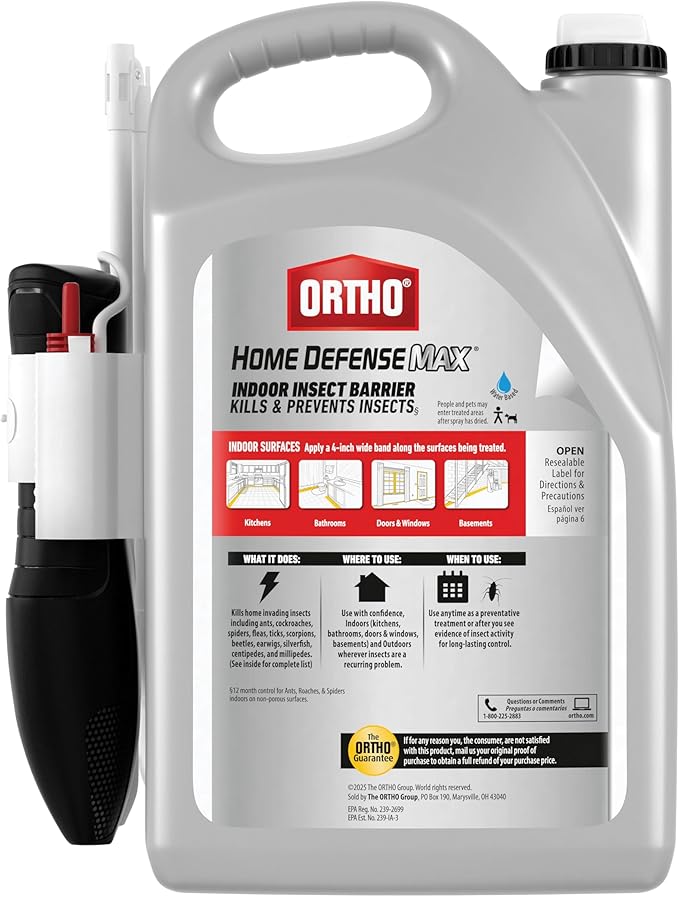 Ortho Home Defense Max Indoor Insect Barrier: With Extended Reach Comfort Wand, Pest Control, No Stains, Starts to Kill Ants, Roaches, Spiders, Fleas and Ticks Fast, 1 gal