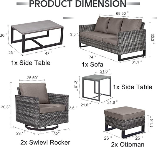 7 Piece Wicker Patio Furniture Set - Outdoor Swivel Rocker Chairs Set with Coffee Table, Side Table, 3 Seat Sofa & Ottomans, Small Patio Conversation Sets for Balcony Deck - Grey/Grey