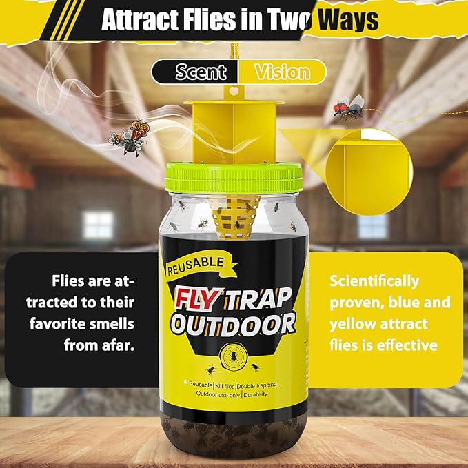 Reusable Fly Traps Outdoor Bottles, 3 Pack Fly Killer Catcher Jar with 6 Natural Magnet Bait Refills Lure, Flies Bug Insect Trap Control Outdoor Hanging for Outside Barns, Stable, Patio