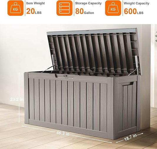80 Gallon Resin Deck Box, Lockable Outdoor Storage Box for Patio Cushions Storage Furniture,Garden Tools, Pool Supplies, Weatherproof and UV Resistant- Grey (80 Gallon)