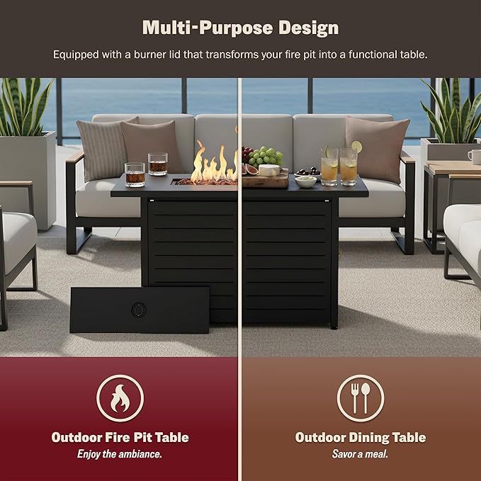 Mazatzal 42 Inch Propane Fire Pit Table, 60,000 BTU Outdoor Tabletop Fire Pit with Lid, Weather Cover, Lava Rock, Rectangular Steel Gas Fire Pit for Outside, Patio, Backyard, CSA-Certified, Black