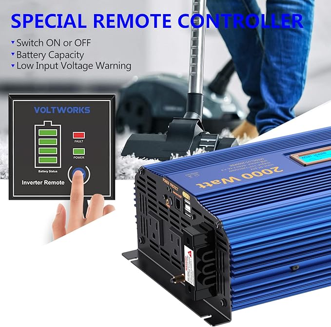 VOLTWORKS 24 Volt 2000W Pure Sine Wave Power Inverter 24V DC to 110V 120V AC and Hardwire Block with LCD Display Remote Controller Compatible with Lithium Battery for Off-Grid Solar RV Car Truck Boat