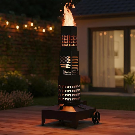 51" Smudge Pot Heater with Wheels, 7-Gallon Waste Oil Patio Heater,Heavy-Duty Steel Pyramid Design,Portable Fireplace for Backyard, Porch, Patio and Garden(Banner)