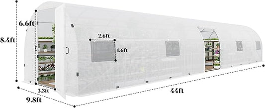 AMERLIFE 44x10x7.5 FT Tunnel Greenhouse for Outdoors, Large Walk-in Greenhouse kit with Durable Steel Frame, Swing Door & Premium PE Cover, White