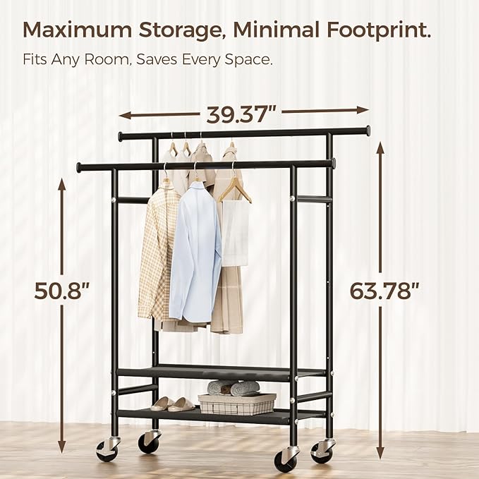 Double Rods Clothes Racks , Rolling Clothing Rack for Hanging Clothes with Wheels & Shelves，Portable Garment Coat Wardrobe Rack for Bedroom,Laundry living Room ,16.93″ L × 39.37″ W × 63.78″ H,Black