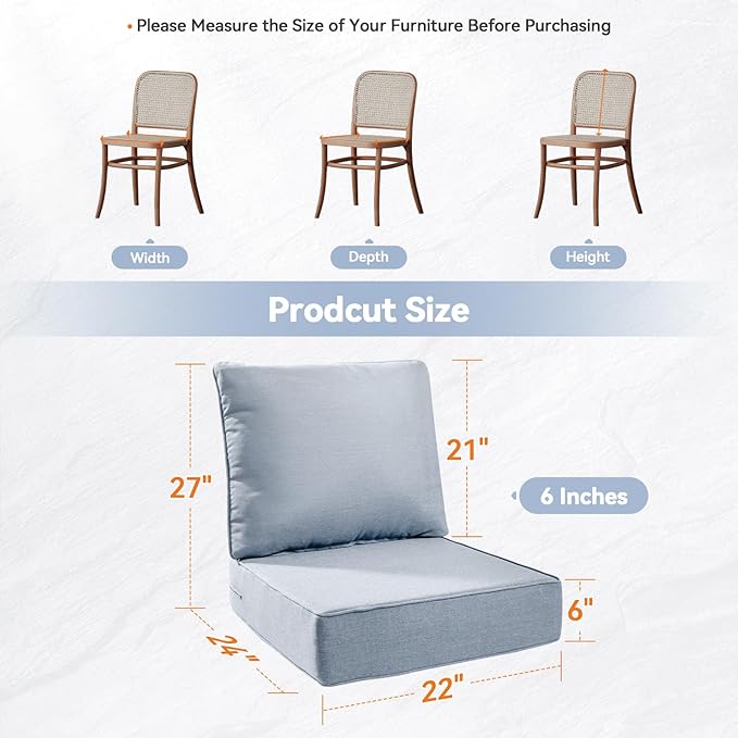 6" Thick Outdoor Cushions 22x24x6, 3-Set Deep Seat Patio Cushions with Removable Cover, Waterproof & Fade Resistant Replacement for Wicker Chair, Loveseat, Sofa - Baby Blue