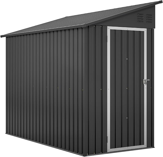 4×8 FT Lean to Metal Shed,Outdoor Heavy-Duty Storage Shed with Floor Base,All Weather Waterproof Garden Tool House W/Lockable Door&2 Air Vent,Reversible Door Design,for Backyard,Patio,Lawn,Black