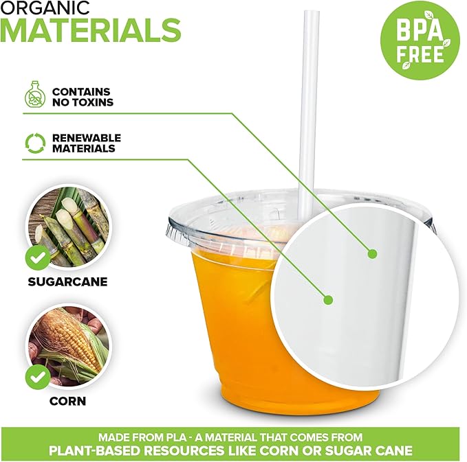 Stock Your Home 9 oz Clear Commercially Compostable Cups with Lids and Straws Set of 400, Eco Friendly Disposable Cups