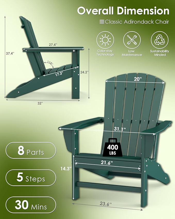 GREENVINES Adirondack Chair | HDPE Plastic | Oversized Fire Pit Chairs | All Weather | Forest | Poly Lumber | for Outdoor Deck Backyard Patio Garden