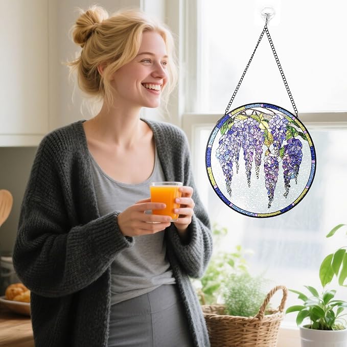 Stained Glass Suncatchers Window Hanging, Wisteria Flower Sun Catchers Indoor Window Stained Glass Hanging Garden Decor, Birthday Gifts for Mom Grandma Aunt Sister Bestie 6.3 in