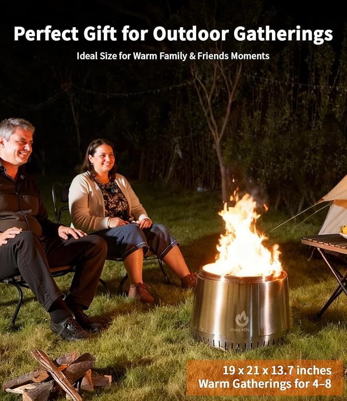 Smokeless Fire Pit 21", for Outdoor Patio & Backyard, Dual Airflow Secondary Combustion, Stainless Steel Firepit with Detachable Ash Pan, Clean Burn, Portable for Camping & Gatherings