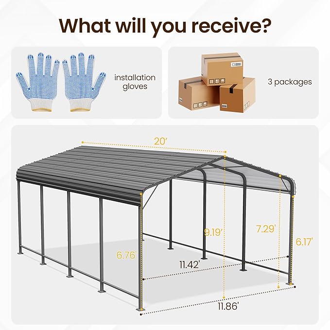 12' x 20' Carport, Heavy Duty Carport with Updated Roof & Enhanced Base, All Weather Steel Car Port, Multi-Use Car Port Garage, Metal Carports for Car, Truck, Boat, Tractors, Party, Grey