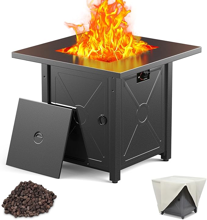 Xbeauty Propane Fire Pit Table, 28" Outdoor Gas Fire Pit Table, 40,000 BTU Auto-Ignition Fire Tables with Lid, Rain Cover and 3 Pounds Lava Stones for Outside Garden Backyard Deck Patio (Square)