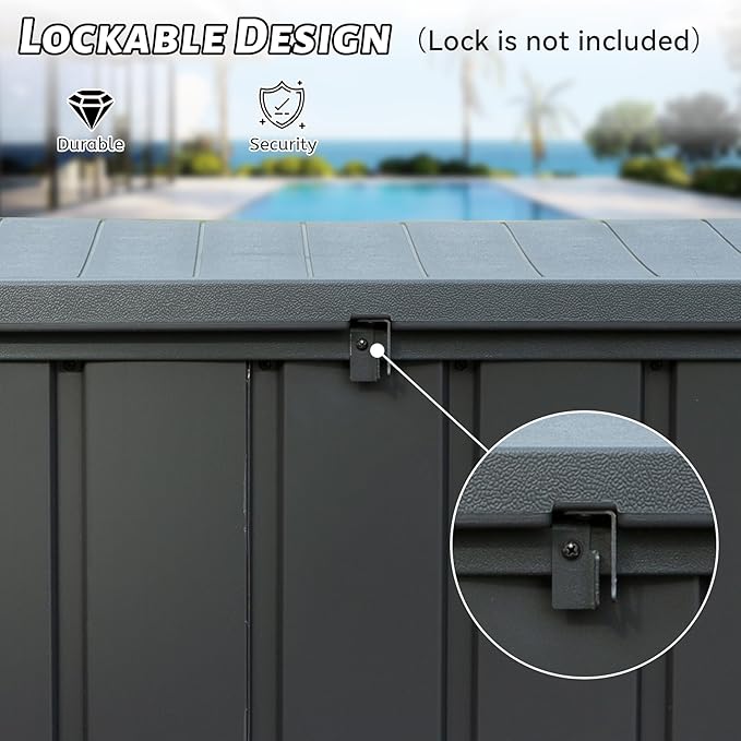 Domi 120 Gallon Deck Box, Outdoor Metal Lockable Storage Cabinet with Resin Lid, Waterproof Steel Outdoor Bench with Lockable Lid, Side Handles for Outside Cushions, Pillows, Garden Tools, Grey