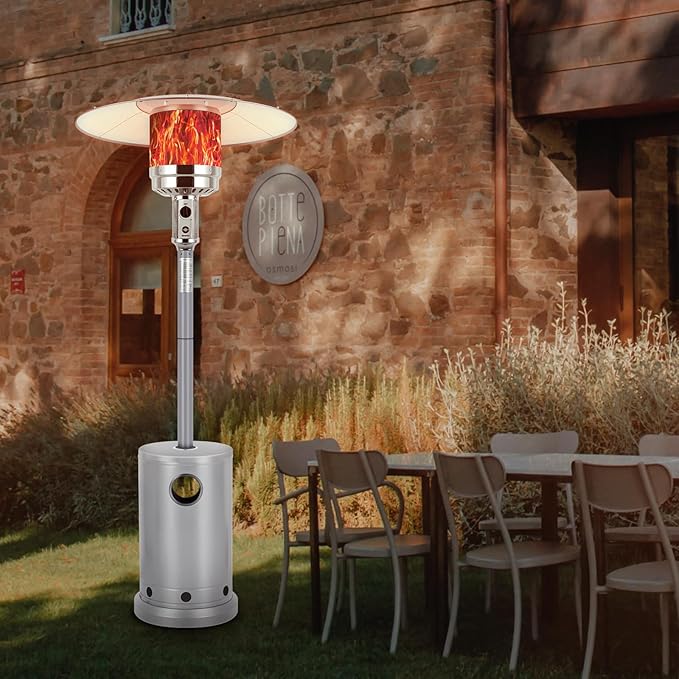 Hykolity 50,000 BTU Propane Patio Heater, Stainless Steel Burner, Triple Protection System, Wheels, Outdoor Heaters for Patio, Garden, Commercial and Residential, Silver