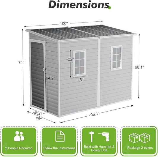 8x4 Outdoor Storage Shed, Lean to Shed with Floor for Patio and Garden, Waterproof Resin Plastic Storage Unit with Lockable Door & Awning Windows