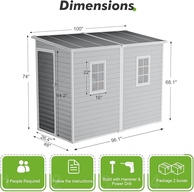 4x8 FT Plastic Storage Sheds Outdoor with Floor and Openable Window, Lean to Resin Shed Easy to Install, Compact Sheds & Outdoor Storage/Tool Shed for Garden & Backyard, Gray
