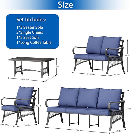 5 Piece Patio Furniture Set, 7 Seat Metal Outdoor Sectional Sofa Set with Thick Cushions, All Weather Patio Conversation Set with Coffee Table for Garden, Porch, Lawn, Blue