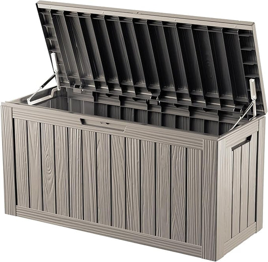 82 Gallon Waterproof Large Resin Deck Box Indoor/Outdoor Lockable Storage Container and Seating for Garden, Pool, and Patio (82 Gallon, Grey)