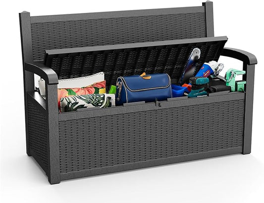 EasyUp 80 Gallon Outdoor Storage Bench, Waterproof and Lockable Deck Box Outdoor Storage Furniture for Patio,Garden,and Porch – Perfect for Storing Garden Tools and Cushions(Black)