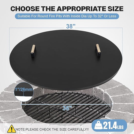 Fire Pit Lid Cover Round - 38" Rust Resistant Powder Coated Steel Firepit Cover or Table with 2 Wooden Handles for Patio Fire Pit, Weatherproof for All Seasons, Fits Fire Pits Up to 36"