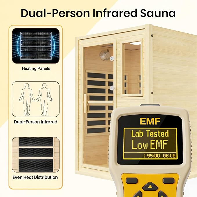Far Infrared Sauna for 2 Person, Hemlock Wood Home Dry Sauna with Low EMF Fast Heating (1600W), Red Light Therapy & Chromotherapy, Built-in Bluetooth Speaker and Oxygen Ionizer for Indoor Relaxation