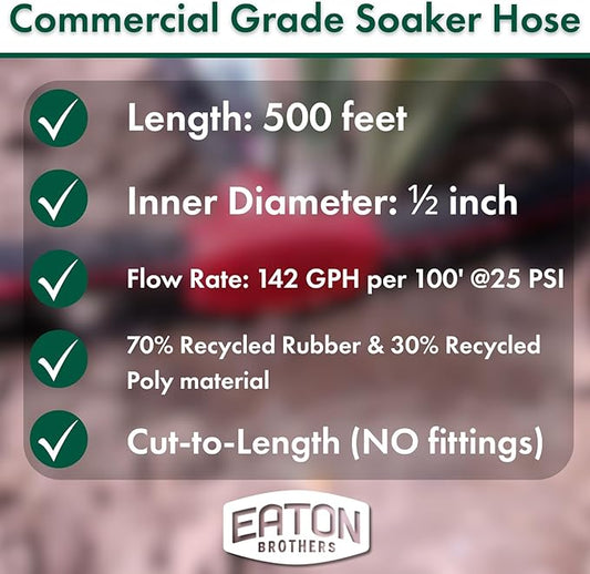 Eaton Brothers Bulk Soaker Hose 1/2-Inch x 500 ft – Professional-Grade Recycled Rubber Soaker Hose – Long-Run Garden Watering System for Large Gardens, Beds, and Greenhouses
