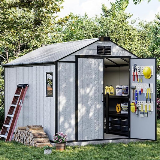 8 x 10 FT Resin Outdoor Storage Shed, All-Weather Plastic Garden Shed with Floor, Lockable Doors & Windows, Plastic Tool Shed for Poolside, Backyard, Patio