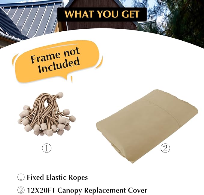 12x20 Canopy Replacement Cover, Carport Replacement Canopy Top Cover for 12' x 20' Frame, 800D Heavy Duty Waterproof & UV Protected Car Canopy with Ball Bungees (Frame is not Included) (Beige)
