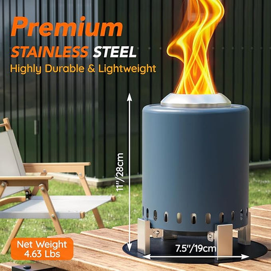 Mini Smokeless Tabletop Fire Pit with Pan Stand, Portable Stainless Steel Firepit Stove for Camping, Burns Pellets or Wood, Includes Travel Bag, Blue