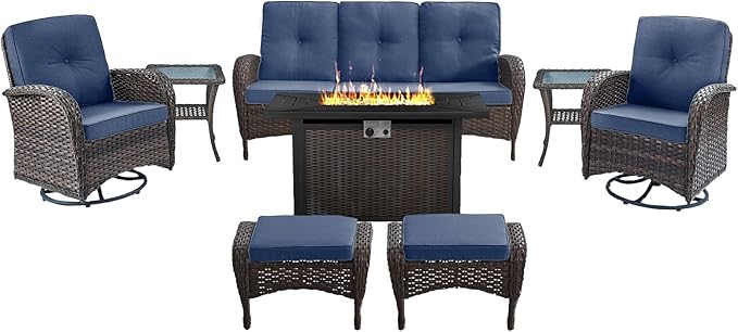 Belord 8 Piece Patio Furniture Set with 50000 BTU Propane Fire Pit Table, Outdoor Conversation Set with 2 Swivel Rocker Chairs Wicker Sofa and Ottomans for Casual Gatherings
