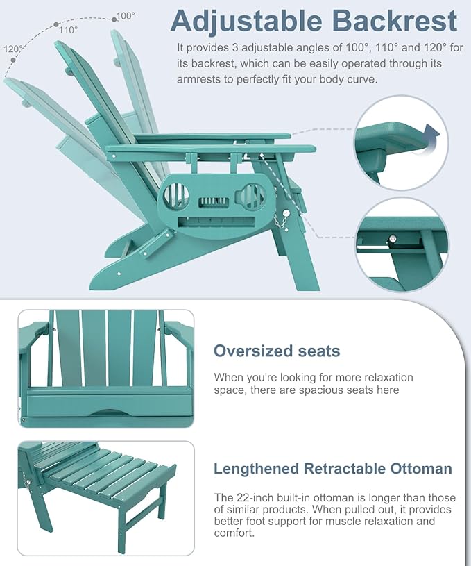 Adjustable Adirondack Chair with Retractable Ottoman Set of 6, HDPE Folding Adirondack Chair with Cup Holder, All Weather Fire Pit Chair for Outdoor.