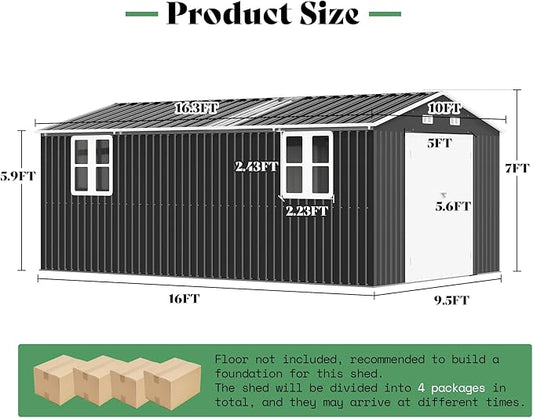 AMERLIFE 10x16x7 FT Outdoor Storage Shed with 2 Transparent Panels, Metal Garden Shed with Hinged Double Doors, 4 Windows & 4 Vents, Reinforced Steel Frame for Backyard, Garden, Dark Gray