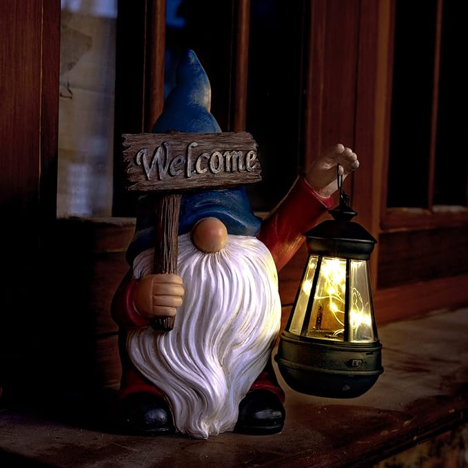 WONDHOME Garden Gnome Outdoor Decoration Solar Gnomes Statue with Lantern LED Lights,Terrace Courtyard Lawn Patio Porch Fall Decoration Halloween Christmas Housewarming Gift for Mom Women, Gnome Blue